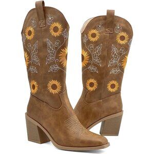 Nzzoo Western Boots Women Brown Cowboy Wide Mid Calf Cowgirl Shoes